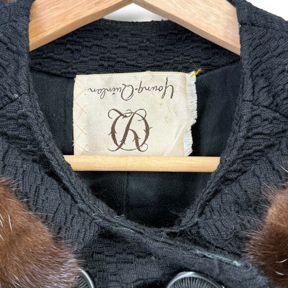 Vintage Young Quinlan Black Textured Wool Coat Brown Mink Fur Collar Size Large - Picture 8 of 8
